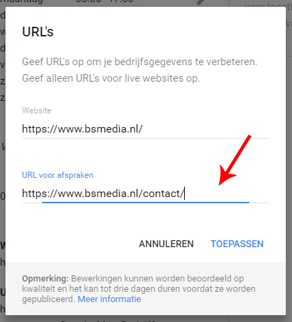 Google Mijn Bedrijf extra url toevoegen