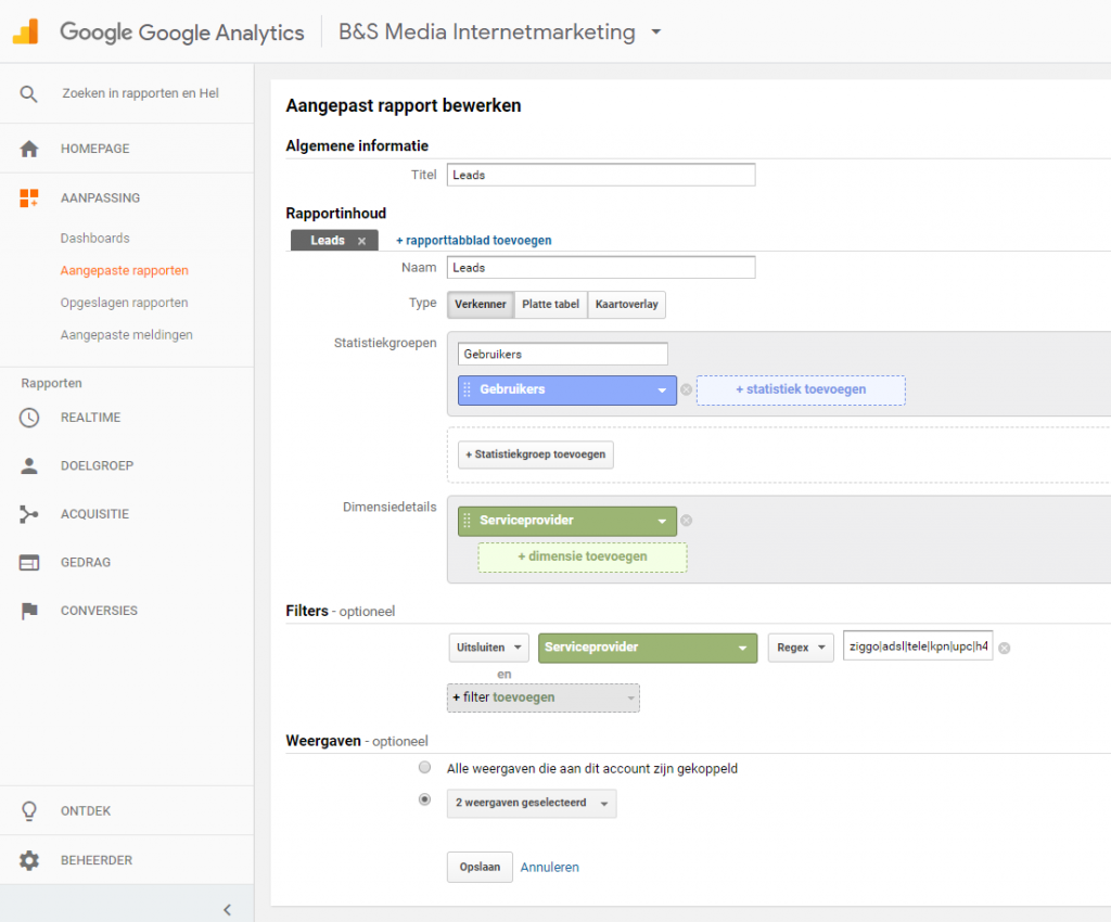 Leads uit Google Analytics - aangepaste rapporten