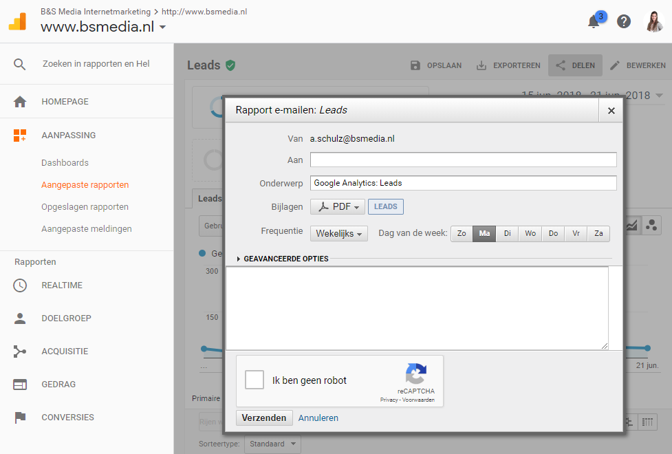 Leads uit Google Analytics - automatisch email instellen