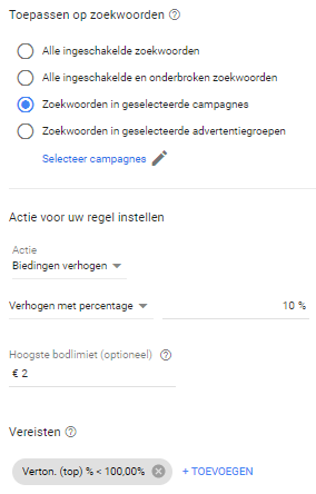 Automatische regel om biedingen te verhogen in Google Ads