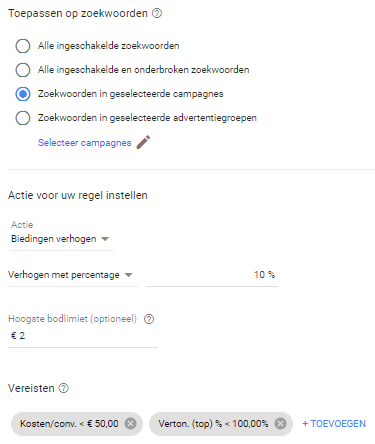 Automatische regel om biedingen te verlagen in Google Ads