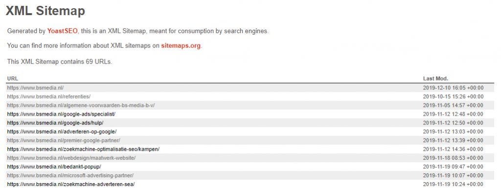 Voorbeeld XML sitemap B&S Media