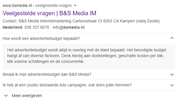 Voorbeeld FAQ snippet in Google